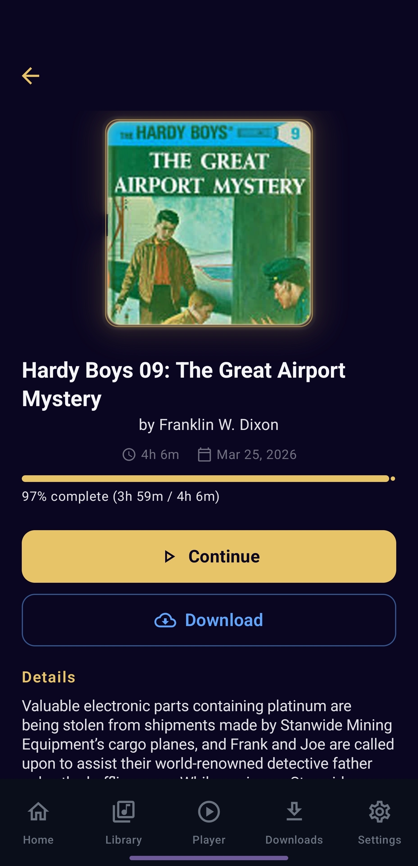 Nine Lives Audio book detail screen showing cover art, metadata, chapters, and download controls