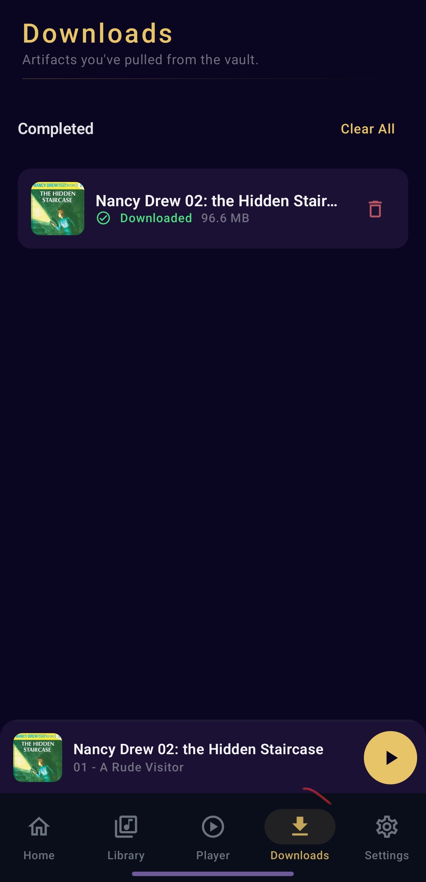 Nine Lives Audio downloads screen showing download queue with progress and controls