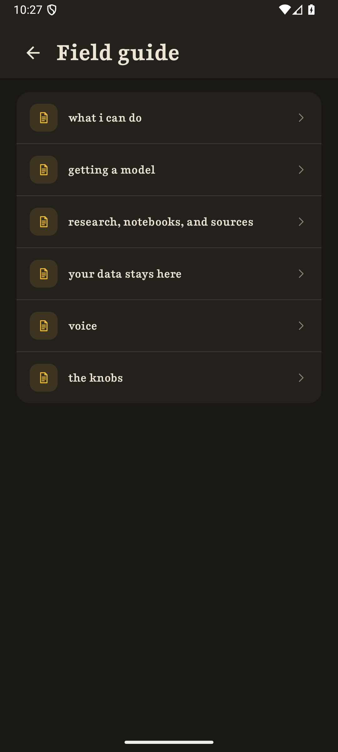 Hugo field guide screen listing six built-in help entries