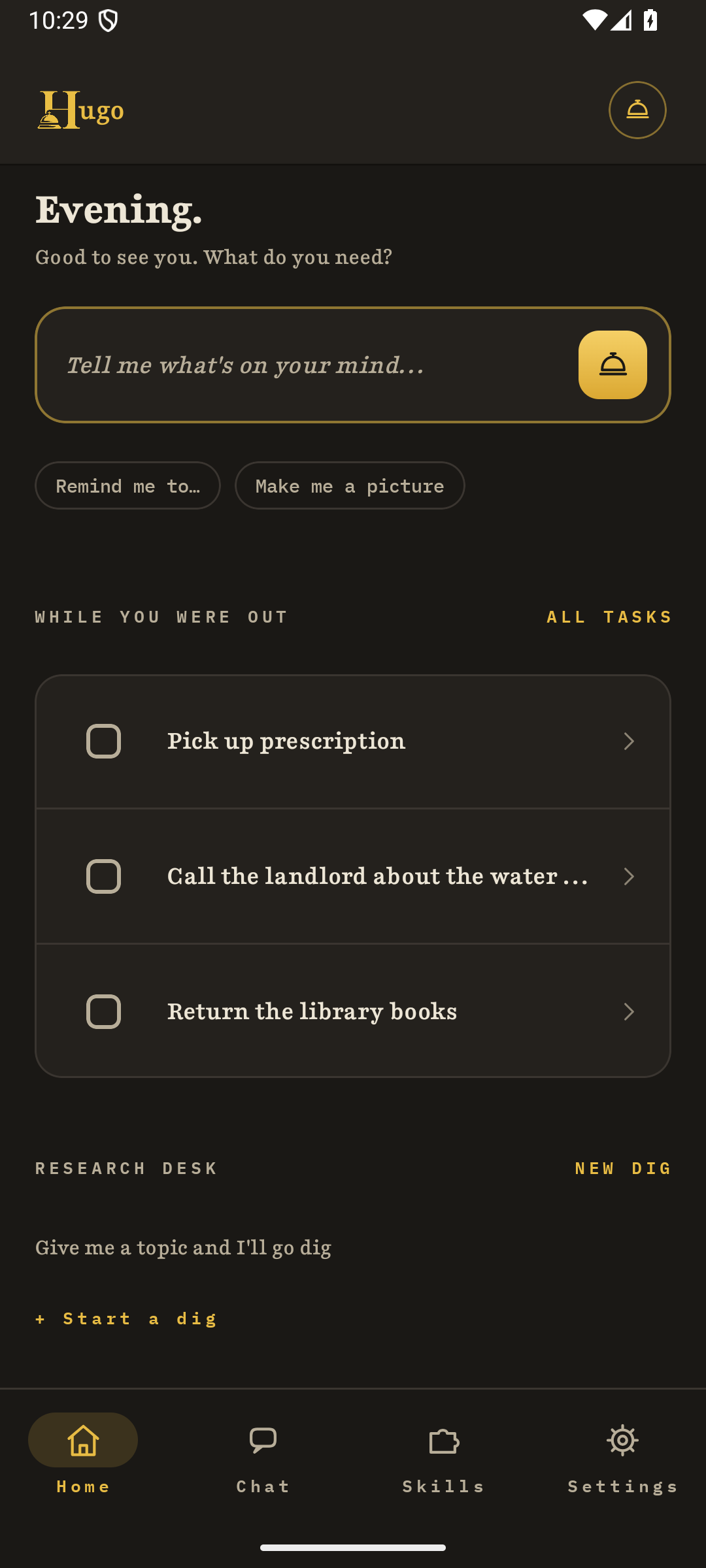 Hugo home screen on Android showing a greeting, a text box, and three saved tasks