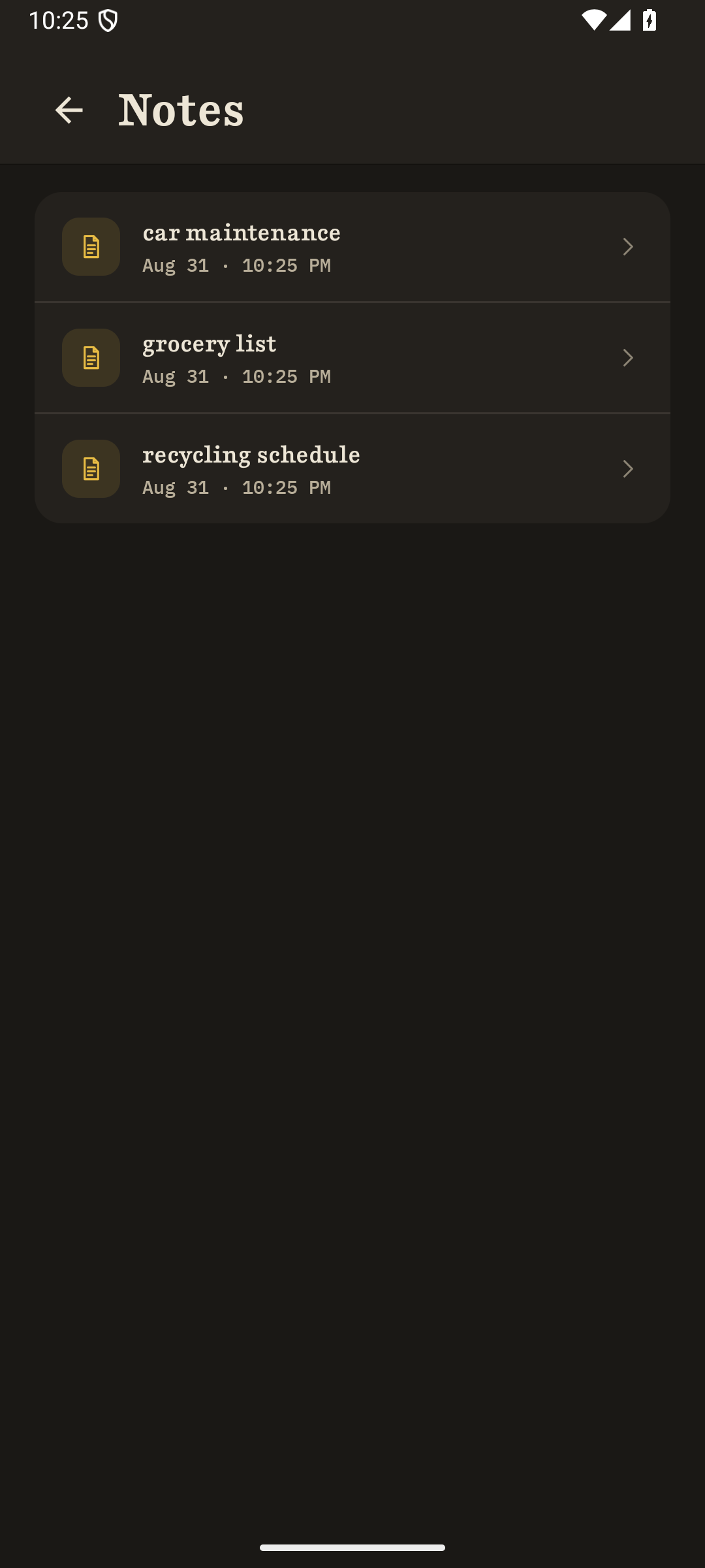 Hugo notes list on Android showing three notes with dates