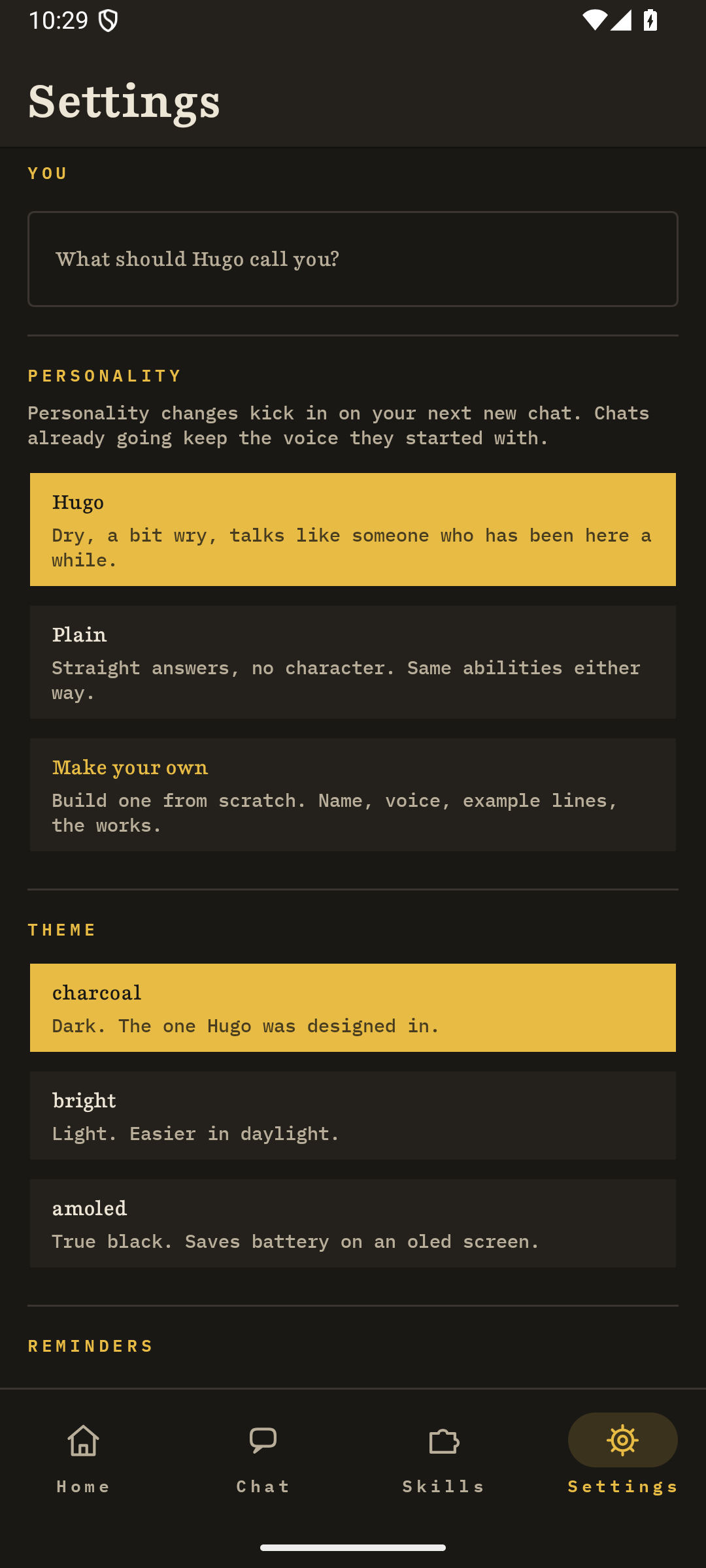 Hugo settings screen showing personality choices and theme choices