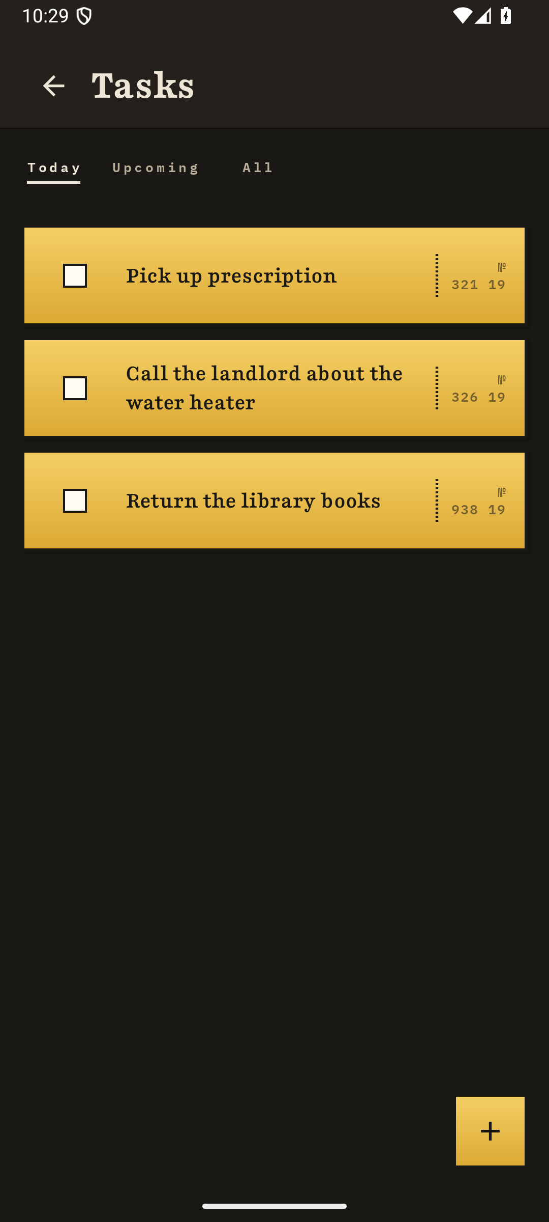 Hugo tasks list on Android with three tasks on numbered ticket cards