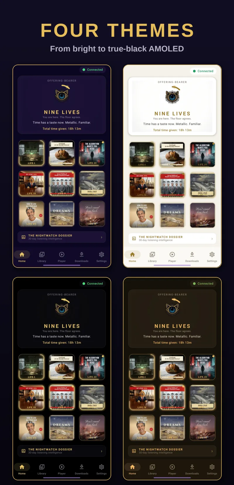 Nine Lives Audio theme showcase displaying The Archive Beneath, AMOLED, Candlelight, and Bright themes