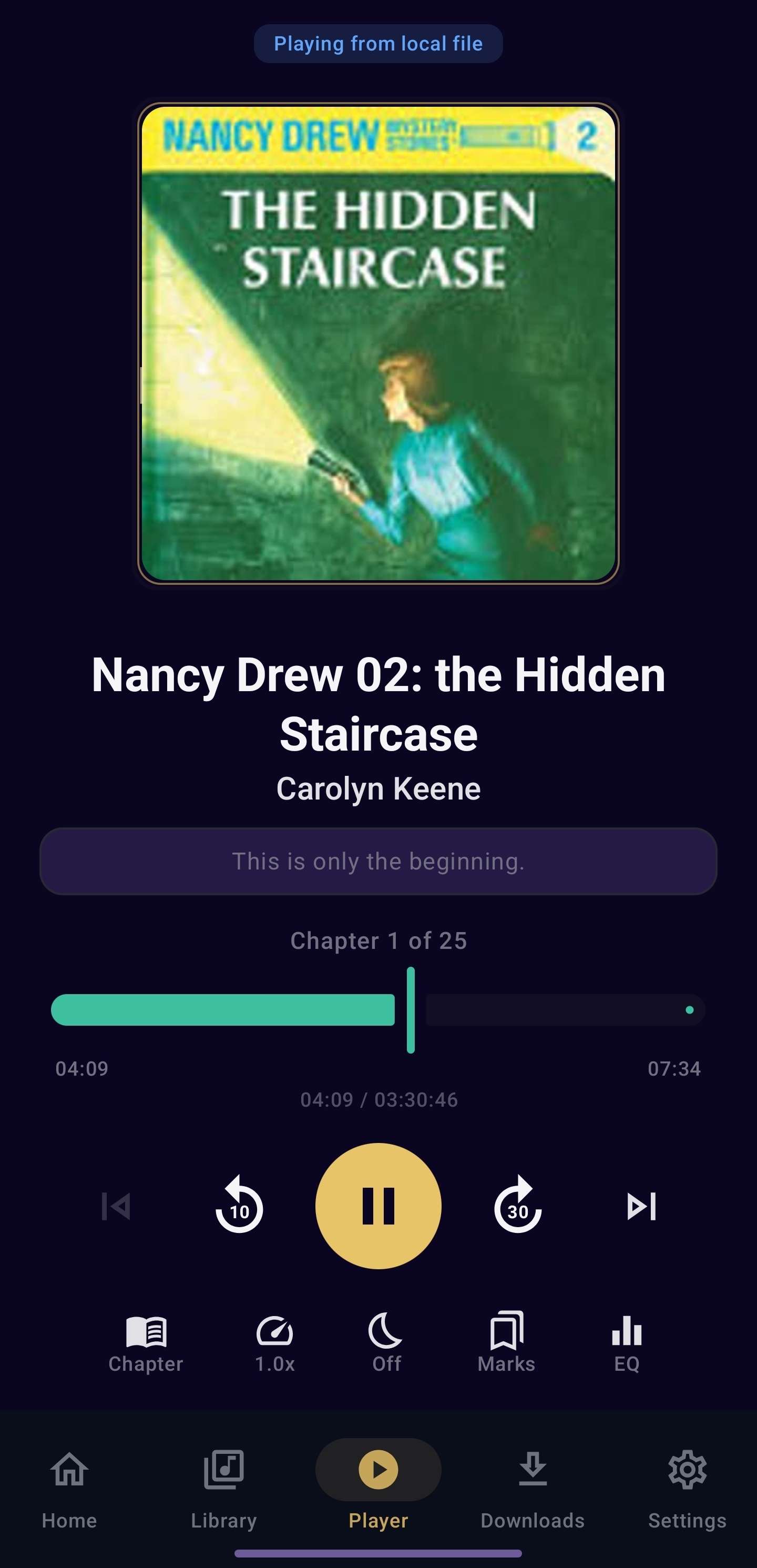 Nine Lives Audio player screen with dual progress rings, chapter navigation, and playback controls