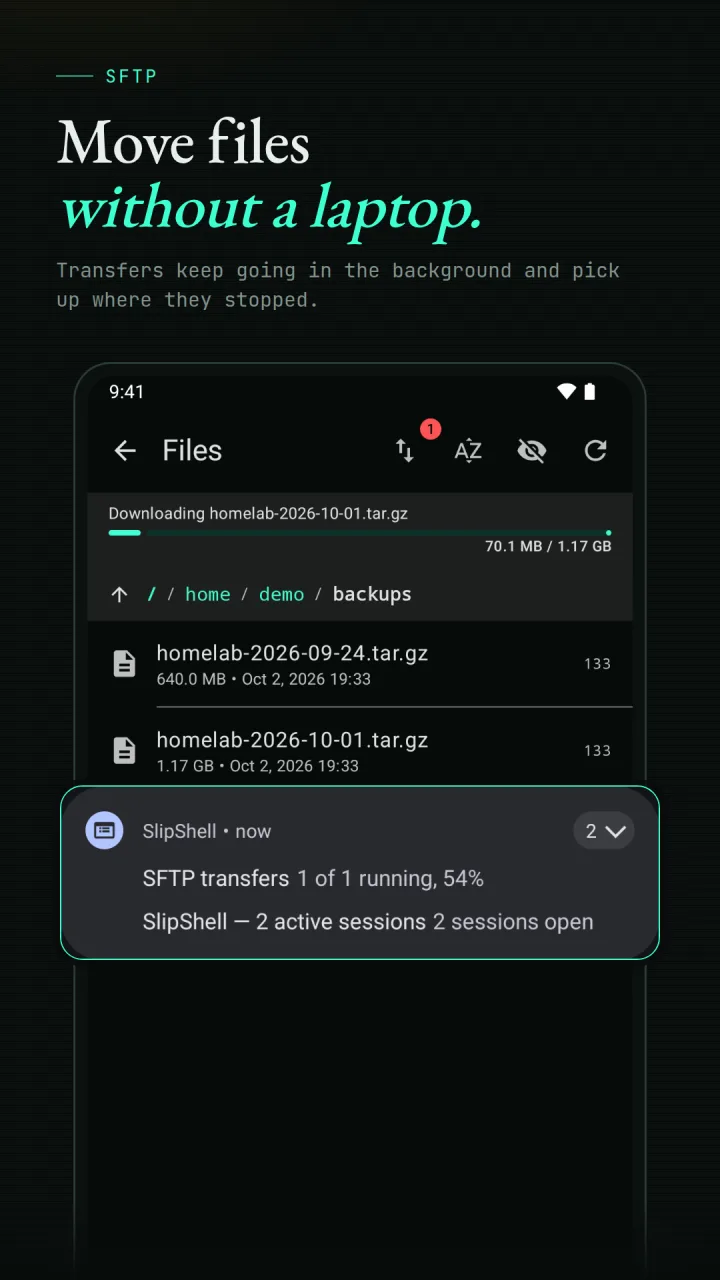 SlipShell SFTP file browser with a download in progress