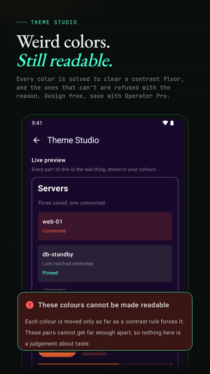SlipShell Theme Studio explaining why it refused an unreadable color