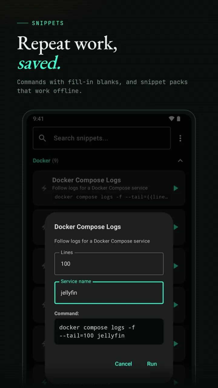 SlipShell snippet editor filling in a Docker Compose logs command