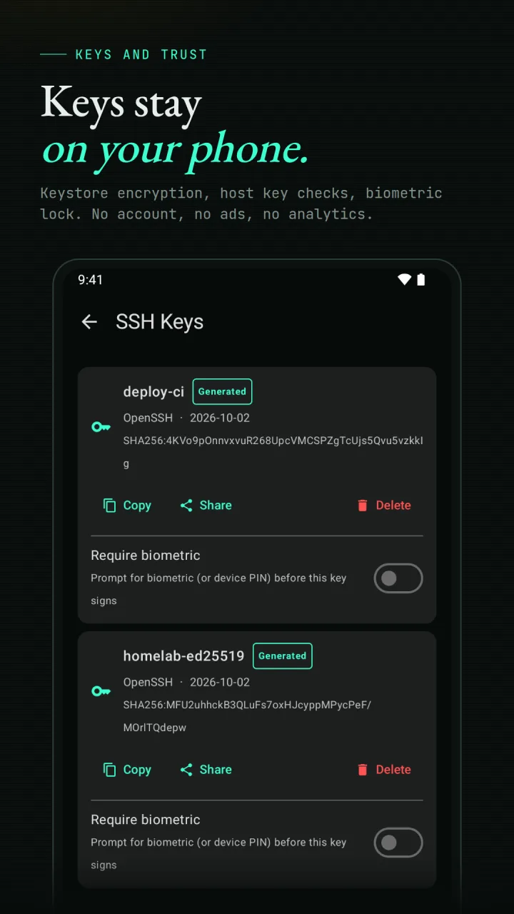 SlipShell SSH key management screen